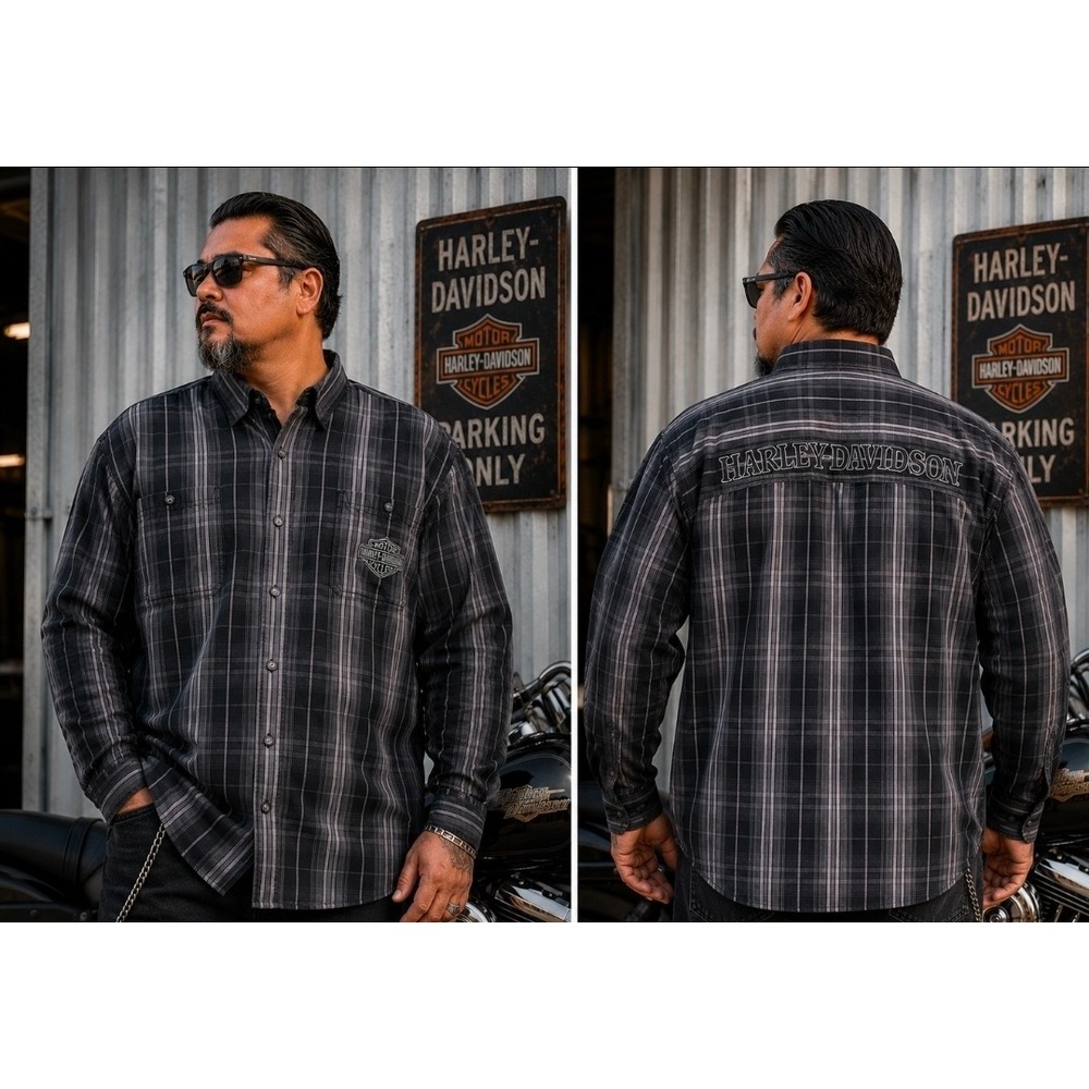 Harley-Davidson Mens 2XL Tall Grey Black Plaid Embroidered moto biker garagecore